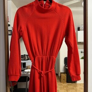 Vintage 70s Red Ribbed Mock Neck Midi Dress | Belted Secretary Style | S/M